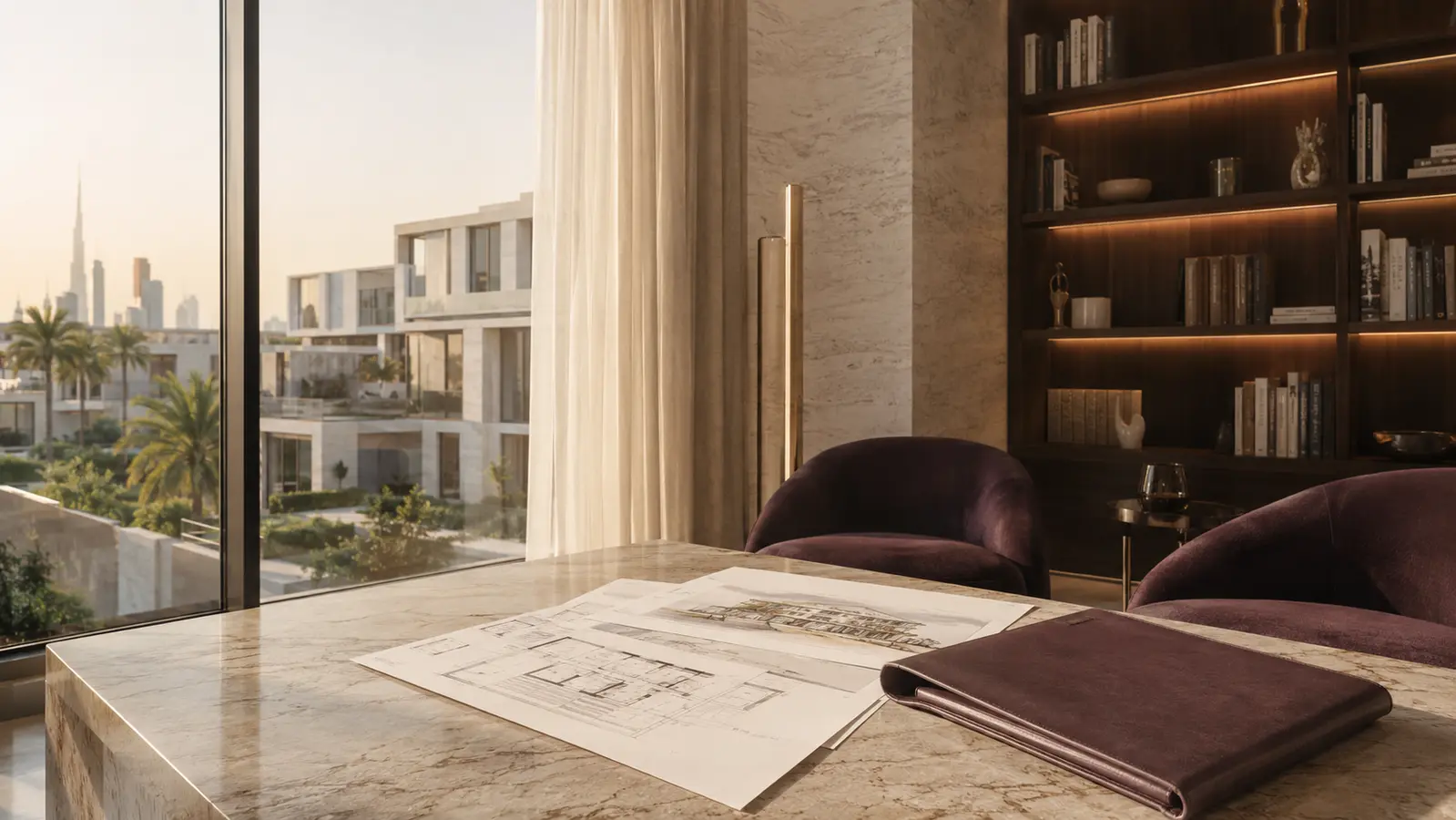 A private Dubai property advisory setting with architectural plans and skyline views